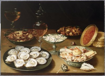 Stilleven met oesters, zoetigheden en geroosterde kastanjes door Osias the Elder Beert